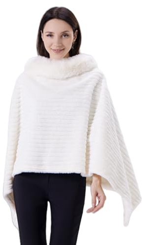 Miaikvs Women's Pullover Knitted Shawl Cape Shawl with Fur Collar Poncho Wrap Shawl(White)