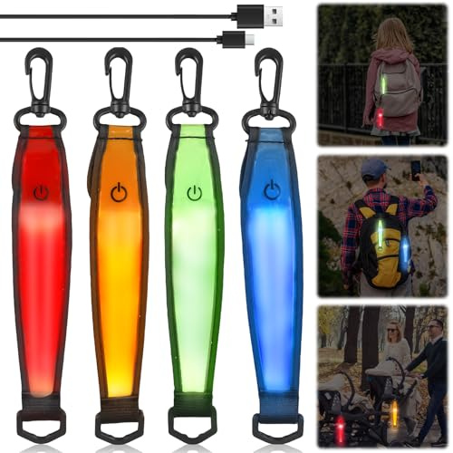 GAOUTO 4 stycken blinkande LED-ljus skolväskor, 3 lägen USB-uppladdningsbara reflekterande släpvagnar, barn säkerhetsljus reflektorer skolväskor, vattentäta reflektorhängen för skolväskor ryggsäck