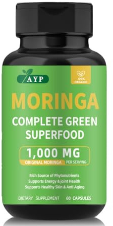 AYP Organic Moringa Capsules - Complete Green Superfood Dietary Supplement with 1000mg Moringa Oleifera Leaf Extract per Serving - Rich in Antioxidants, Vitamins, Minerals - 60 Capsules