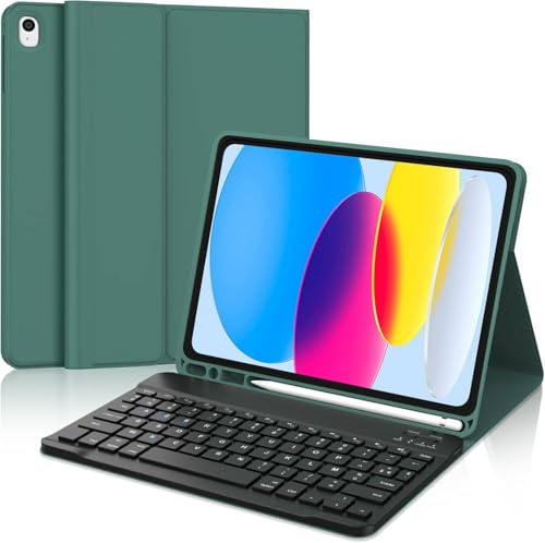 WINCHKING Fodral med tangentbord för iPad A16 11 generation 2025/10 Generation 2022 (11/10,9 tum), avtagbart TPU-fodral, Bluetooth-tangentbord för iPad 10. Generation 2022, QWERTZ layout, mörkgrön