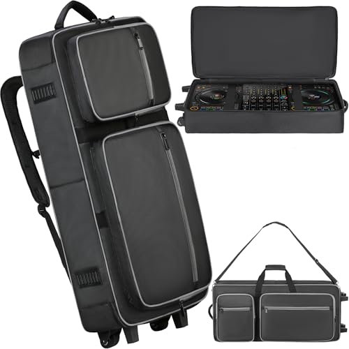 DJ Controller Case with Wheels Compatible with DDJ FLX10 / DDJ-GRV6 / 1000 / 1000SRT / REV7 / REV5 / SC LIVE 4, Rolling DJ Bag Padded Backpack Soft with Multi-pocket for DJ Controller and Accessories