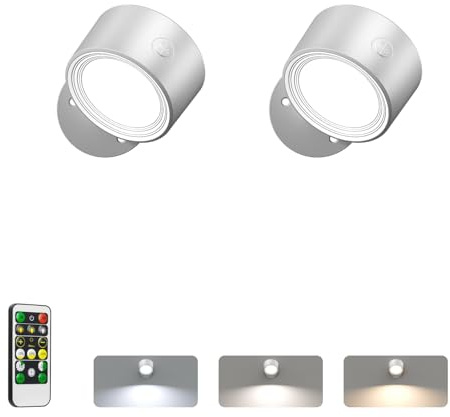 LED Wall Reading Lights with Remote, 2 Pcs Rechargeable Wall Mounted Reading Sconces Lamp 3000mAh, 3 Colors & Dimmable Magnetic 360° Rotation Wall Lighting Spotlights for Bedroom Bedside, Silver