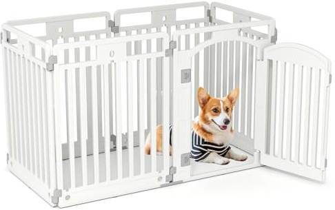 COSTWAY Welpenauslauf faltbar, Welpenlaufstall mit 6 Paneelen, abschließbarer Tür & Bodennägeln, 80 cm hoch, Hundelaufstall Outdoor Indoor, Laufstall Hund, Hundeauslauf aus Kunststoff, Weiß
