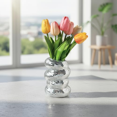 Jardinière boule disco, vase miroir argenté avec motif mosaïque en spirale, pot de fleur unique de 6 pouces pour plantes succulentes, centre table et décoration d'intérieur, vase boule disco