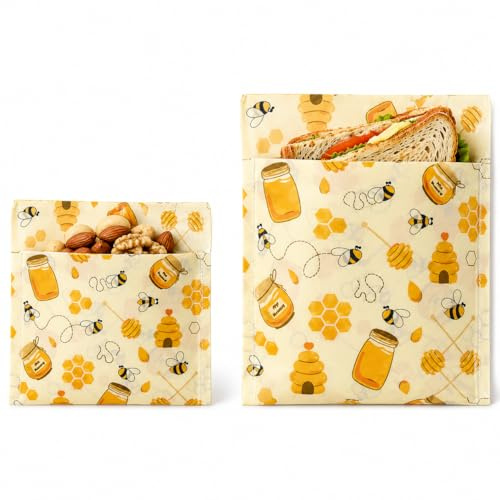Rusokufo Set 2 Bolsas Snack Cera De Abeja Reutilizables, Algodón Orgánico, Almacenamiento Sin Plástico para Pan Y Snacks, Uso Diario Fácil De Limpiar Y Transportar, Diseño Honey
