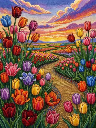 CAYLEKI Tulip Cross Stitch Kit 40x30cm 11CT Embroidery Set with Sunset Scene - Complete DIY Handicraft Supplies for Adult Beginners, Creative Home Wall Art Decoration, Includes Tools & Materials