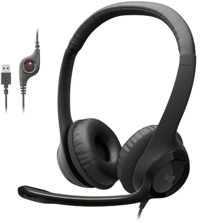 Logitech H390 Wired Headset for PC/Laptop, Stereo Headphones with Noise Cancelling Microphone, USB-A, in-Line Controls, Works with Chromebook - Black