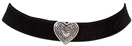Trachtenkette Samt mit Herz - Damen Samtkropfband enganliegend, Kropfkette Trachtenherz elastisch für Trachtenbluse und Lederhose, Dirndlkette Samtband breit, Dirndl-Schmuck zum Oktoberfest (schwarz)