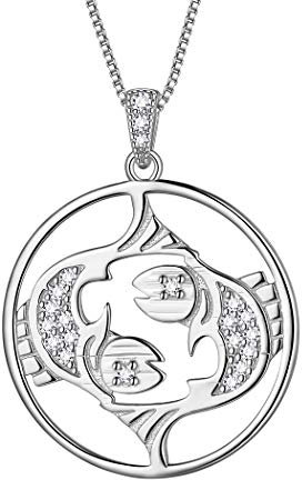 Aurora Tears Fische Halskette 925 Sterling Silber 12 Sternzeichen Anhänger Konstellation Runde Münze Halskette CZ Horoskop Schmuck Geschenk für Frauen und Mädchen DP0111Y