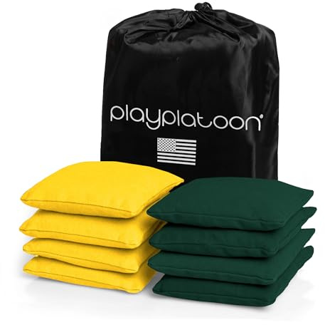 Play Platoon Weather Resistant Cornhole Bags - Set of 8 Regulation Size - Hunter Green & Yellow - Durable Duck Cloth for Tossing Game, Includes Tote Bag