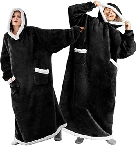 EAHOME Extra Long Hoodie Blanket Sweatshirt 3XL for Women Men 1pcs, Super Warm and Cozy Big Blanket Hoodie, Wearable Flannel Blanket with Sleeves and Pocket Black