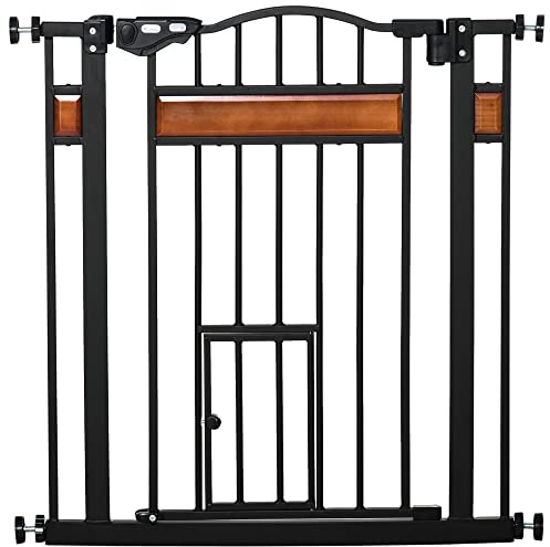 PawHut Cancelletto per Cani di Taglia Media e Piccola con Chiusura Automatica, Cancello per Cani in Acciaio, Legno di Pino e Plastica, 74-80x76.2 cm, Nero