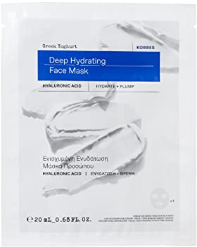 KORRES GREEK YOGHURT Mascarilla Facial en Tela Hidratante – mascarilla calmante con ácido hialurónico y algas rojas, biodegradable, 1 unidad (20 ml)