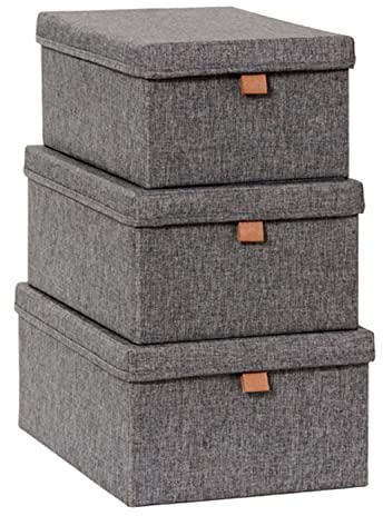 LOVE IT STORE IT Premium Aufbewahrungsbox mit Deckel Stoff - 3er Set aus Leinen - Körbe verstärkt mit Karton - Grau - Verschiedene Größen