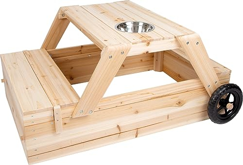 Small Foot Sandkasten mit Sitzgruppe und Matschtisch aus Holz, 3-in-1 Sandkiste zum Zusammenschieben für Kinder, 12420, Natur