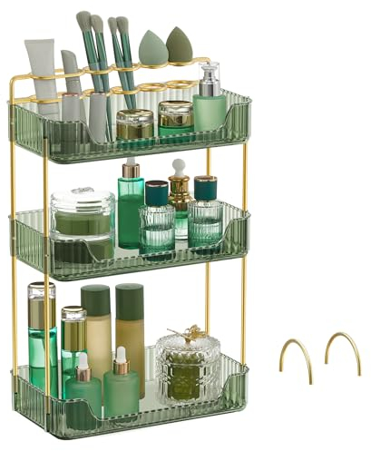 SONGMICS Make-up Organizer, 2 Typen von Zubehörteilen, Kosmetik-Organizer 3 Ebenen, rechteckig, anpassbar, Aufbewahrung für Schminktisch, Geschenkidee, weihnachten, hellgrün JKA013C01