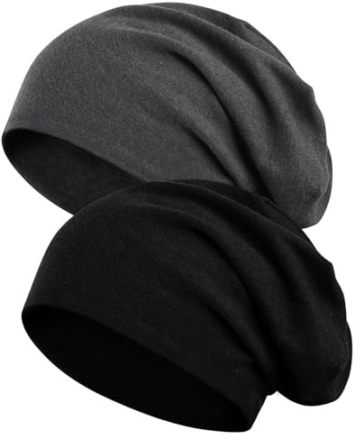 Kieswan 2 Pack Beanie Herren Mütze Damen, Baumwolle Slouch Dünne Mütze Unisex, Elastische Laufmütze Chemo Mütze für Warme Herbst Winter(Schwarz, Dunkelgrau)