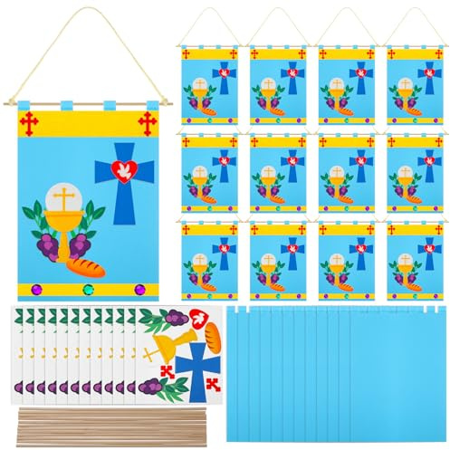 Mindsoft 12 Set First Communion Banner Craft Kit Felt Holy 1st Communion Banner Church and Sunday School Crafts for Kids DIY Craft Supplies Decor, 9 x 12 Inches (Classic Style)