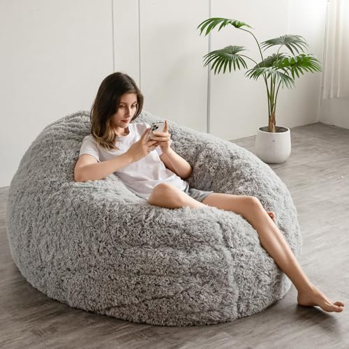 MAXYOYO Giant Bean Bag Bed - Round Bean Bag Chair - Large Sofa with long Faux Fur Cover and Fluffy Filling Included for Adult, Couples, Guest (Gray, 180x180 cm)