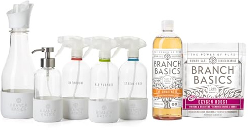 Gren Basics Premium startkit i glas: Allrengöringsmedel, glasrengörare, badrumsrengöring, tvättflaska och tvättflaska (3 glassprayflaskor + koncentrat) doftfri