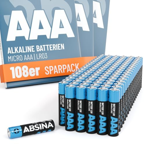 ABSINA 108-pack AAA batterier storpack 1,5 V alkalisk hållbar | Micro LR03 batteri AAA 1,5 volt för fjärrmanövrering, leksaker, väckarklocka och mycket mer