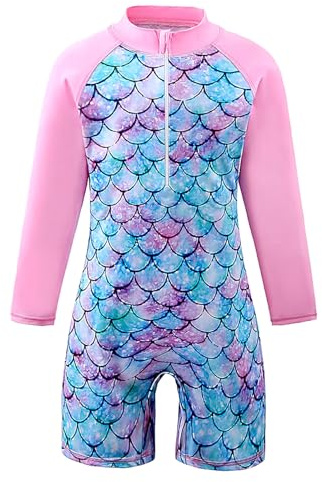 BOVOSHA Maillot de bain une pièce à manches longues pour fille de 3 à 14 ans, rose, 12-14 ans