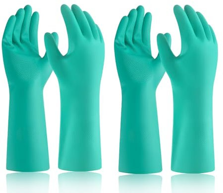 JCUGSBS Gants Nitrile - 2 pairs - Résistants aux Produits Chimiques pour Travaux Ménagers et Industriels - Sans Latex, Imperméable, pour Nettoyage et Vaisselle