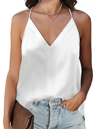Koerye Débardeurs D'été Femme sans Manches Camisole Col en V Spaghetti Blouse Haut Basique en Satin T-Shirt Top(Blanc,L)