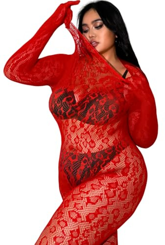 EHSUYAB Plus Size Fishnet Bodysuit For Curvy Women, Full Leopard Body Stockings Rave Outfit, Sexy Lace Jumpsuit Festival Club Red