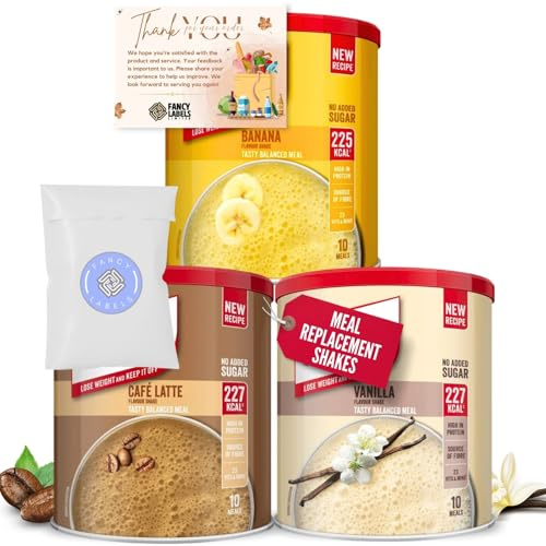 Meal Replacement with SlimFast Banana, Vanilla And Cafe Latte Meal Shake Powder 365g 10 Servings Bundle with Fancy Labels Thank You Card | Healthy Shake for Balanced Diet Plan