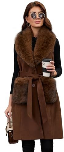 PAPILLON D'OR Women's Long Wool Vest with Belt & Detachable Faux Fur Collar&Pockets - Classic Button-Up Sleeveless Coat (US, Alpha, Large, Regular, Regular, Coffee)