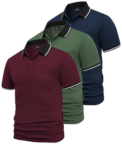 SwissWell Lote de 3 Polo para Hombre Manga Corta Golf Camisa Verano Polos Deportivos para Hombre T-Shirt, Burdeos+Azul Oscuro+Verde Militar XXL