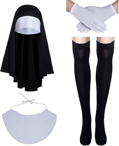 Fartoni Velo suora per costume da suora ragazza o donna. Velo+Bavaglino+Guanti+Collant Accessori Costume Religioso Halloween. Terrore o paura accessori per costumi Halloween.