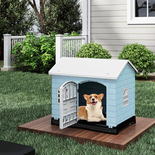 GOPLUS Niche pour Chien Exterieur en PP, Cabane Chien Exterieur Interieur avec 3 Fenêtres, Porte Verrouillable, Toit en Pente, Plateau de Toilette Amovible, Ventilé&Imperméable, 75 x 58 x 65 CM (Bleu)