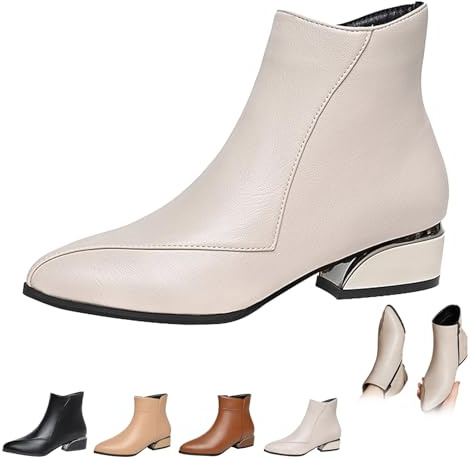 HESYSUAN Women's Chunky Low Heeled Ankle Boots, Fashion Pointed Toe Stitching Boot Casual Side Zipper Waterproof Leather Boot (White(cotton Lining),5)
