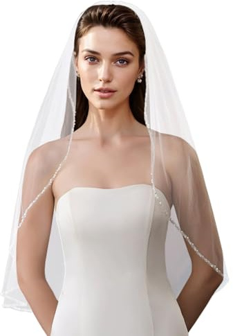 Voile de Mariée Court, Voile de Mariage Mariée en Tulle avec Peigne, Voiles Evjf, Elégant Voiles Bordé de Perles et de Paillettes en Cristal, pour Mariage, Enterrement de Vie de Jeune Fille (Blanc)