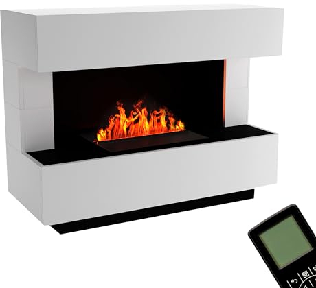 GLOW FIRE Wasserdampf Kamin Kant (Standkamin) - Elektrokamin mit realistischen LED 3D-Flammen, Knistereffekt & Fernbedienung, 120x93x50 cm - Opti-Myst 500 Elektro Kamin, Weiß