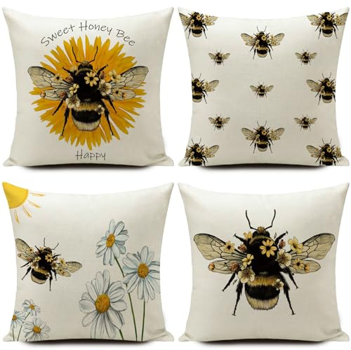 HUASHUZI Cushion Covers Outdoor Waterproof Bee Gifts for Women Garden Cushions Furniture Decorations Summer Set of 4 18x18 inch 45x45cm Throw Pillow Case Home Decor for Sofa Bench Couch