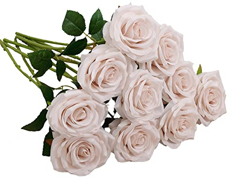 IUKnot Konstgjord ros 10 st öppen blombukett fuskrosstjälkar för bröllopsarrangemang, brudbukett, mittpunkt, falska silkesblommor (naken)