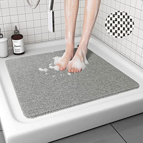 Lurowo Loofah Shower Mat, Non Slip Square Shower Mats for inside Shower Anti Mould, Washable PVC Bathroom Floor Mats Rugs (53x53cm, Grey)