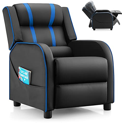 COSTWAY Sedia per Bambini Ergonomica in Finta Pelle, Poltrona Reclinabile per Bambini con Tasche Laterali, Schienale Regolabile e Poggiapiedi e Spugna ad Alta Densità, Età 3-12 Anni (Blu)