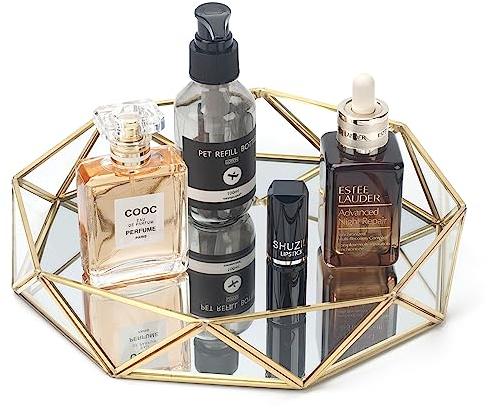 Organizador de perfume con espejo dorado, bandeja decorativa grande para tocador, tocador, encimera de baño