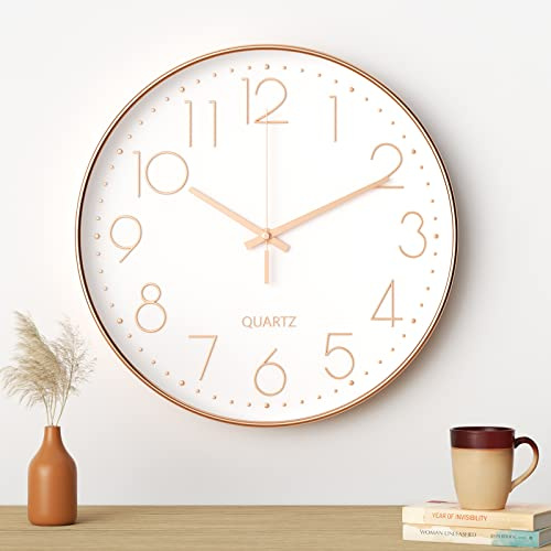 Mesybveo väggklocka, 30 cm, tyst kvartsrörelse, modernt minimalistiskt design (Roséguld)