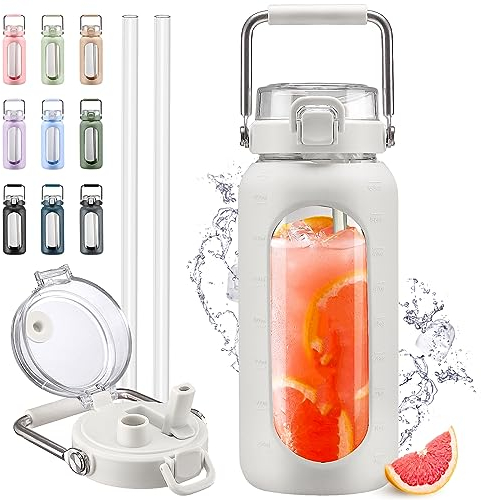 HYDRAGLAZIC Glas-Trinkflasche mit Strohhalm und Edelstahlgriff, motivierende Wasserflasche mit Silikonhülle und Zeitmarkierung, 1,8 l, Weiß