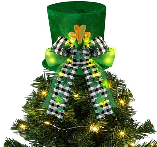 Wenqik St Patrick's Day Tree Topper Hat LED St Patricks Day Tree Decorations Green Large Velvet Hat Leprechaun Decor with Bow for Irish Holiday Outdoor Home Indoor Party Decoration Supplies