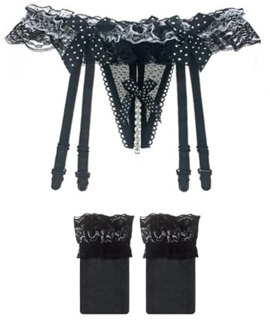 HOTSO Hosenträgern Strumpfbänder Strapshalter, Oberschenkel Strapsen Halter mit String Spitze Strumpfgürtel Verstellbare 2-TLG Strumpfbänder G-String Strümpfe Set (Schwarz)