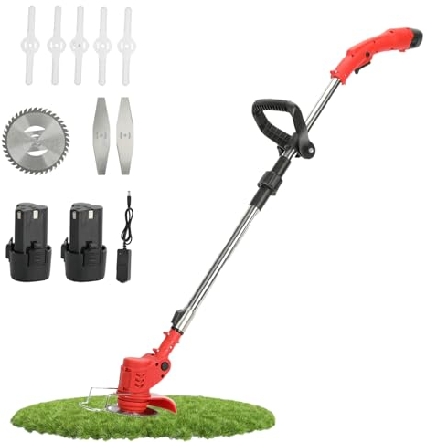 Akku Rasentrimmer mit Akku und Ladegerät, Kabelloser Rasentrimmer Kantenschneider mit verstellbare Teleskopstange 18000R/min 450W Gartenmäher, 100mm Schnittkreis (Rot)