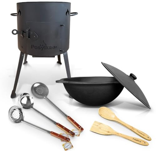 Utschak Feuerofen mit Gusseisen Topf runder Boden mit Deckel (10 L) Kazan KazanoFF, Учаг, Outdoor, Feuerschale, Camping, Kasan, Gulaschkanone Dutch Oven (Set 5)