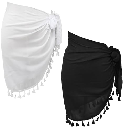 Rapidbok 2 Sarong Tuch Damen Kurz, Pareo Strand Sommer, Multi-Funktions Wickelrock Strandtuch Leicht, Groß Wickeltuch Bikini Cover Up Strandkleider für Strand, Schwarz und Weiß (Polyester, B)
