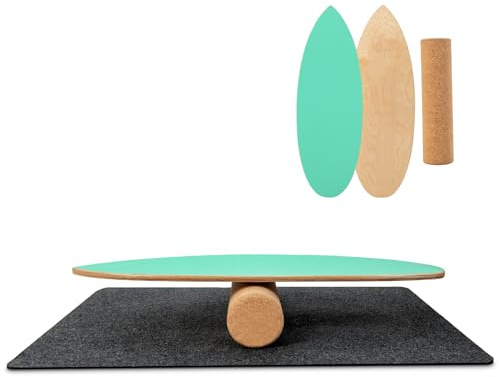 KOMFOTTEU Tabla de Equilibrio de Madera, Balance Board con Rodillo de Corcho y Alfombrilla de Fieltro, Tabla de Entrenamiento, Tabla de Surf (Verde)